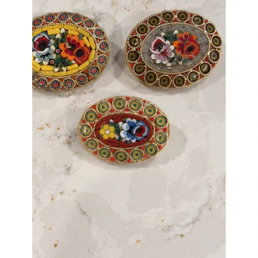 Vintage Italian Micro Mosaic Floral Brooch Pin Set 3pc Millefiori Gold Tone Oval